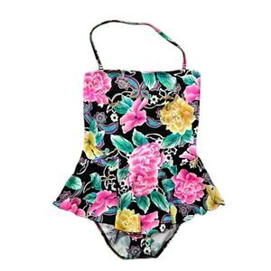 WonderBra by Christina Vintage Black Floral Swimsuit Womens Size 14 36BC Ruffle